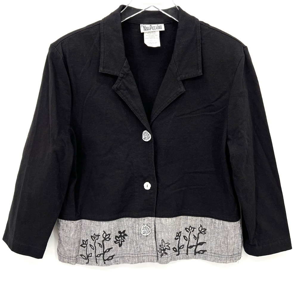 Vintage Nina Piccalino Blazer Jacket Size 8 Floral Print Artsy Cottage Black‎